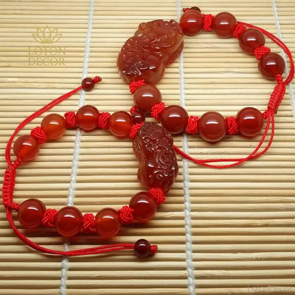 Red Agate Pixiu Bracelet – Braided Knot Wealth Talisman - Loton Decor