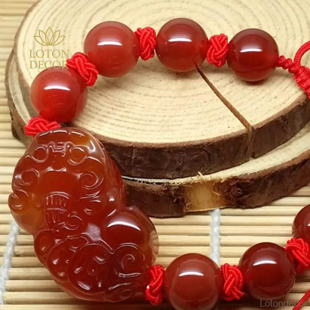 Red Agate Pixiu Bracelet – Braided Knot Wealth Talisman - Loton Decor