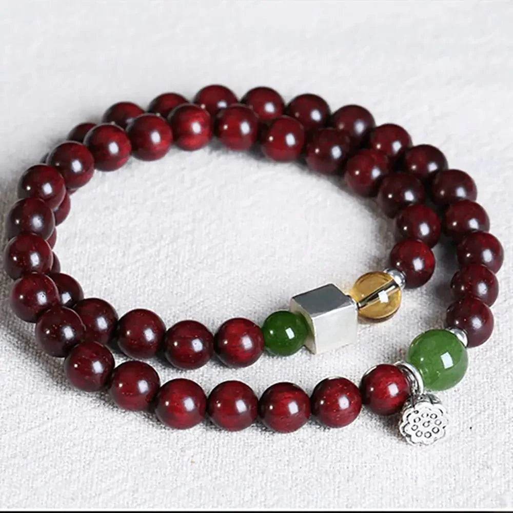 Red Sandalwood Lotus Bracelet – Silver Wealth Talisman - Loton Decor