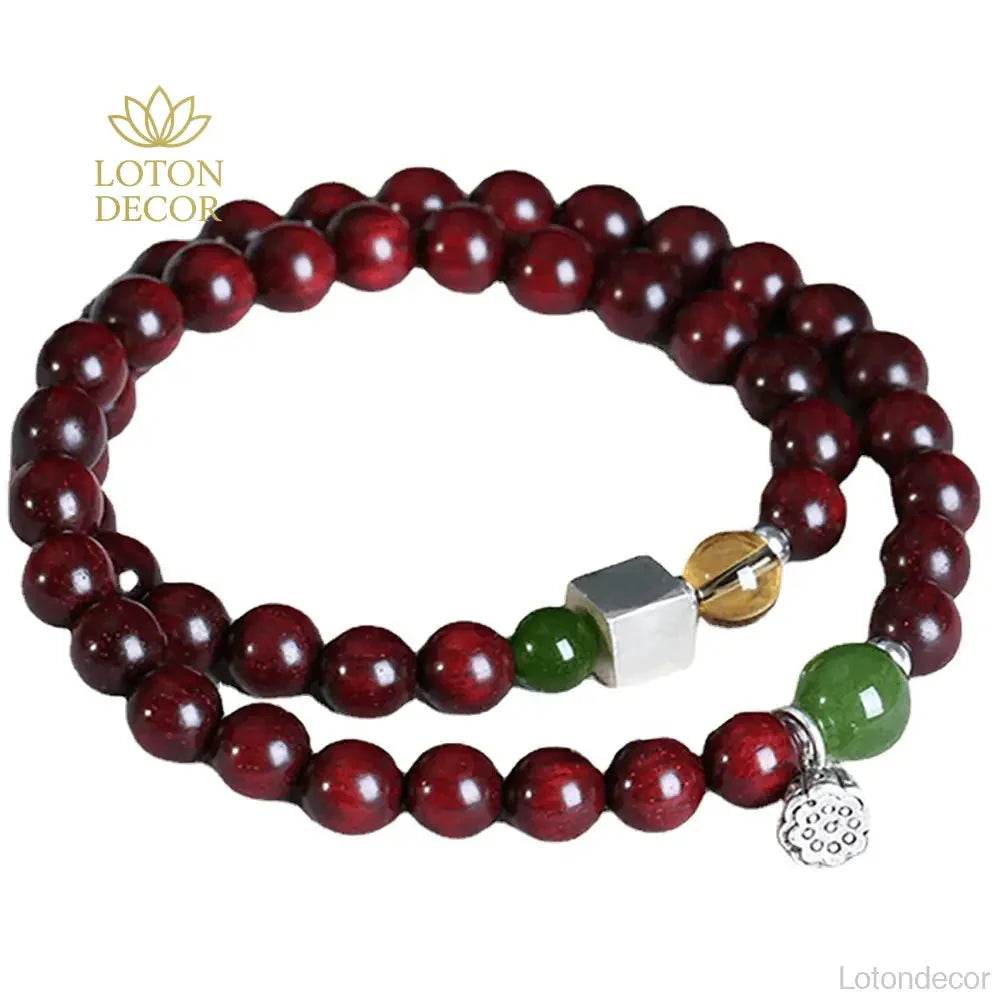 Red Sandalwood Lotus Bracelet – Silver Wealth Talisman - Loton Decor