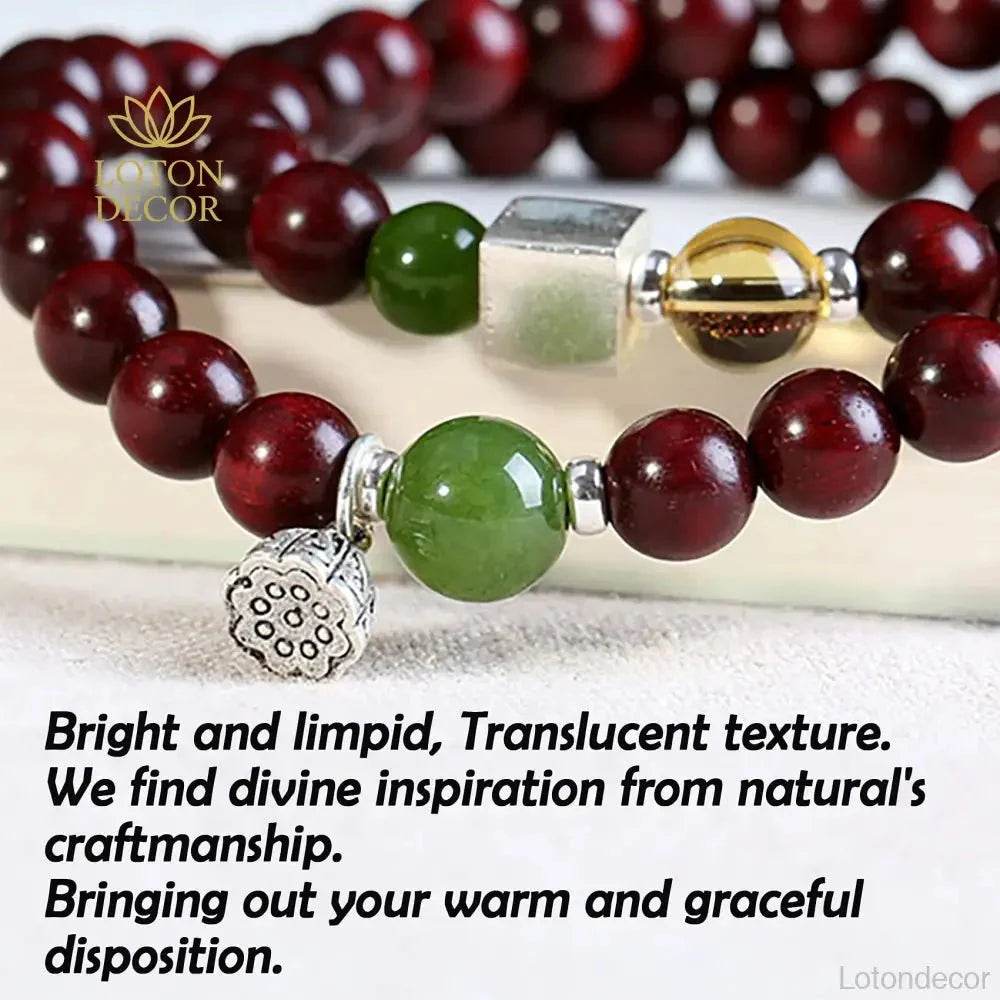 Red Sandalwood Lotus Bracelet – Silver Wealth Talisman - Loton Decor