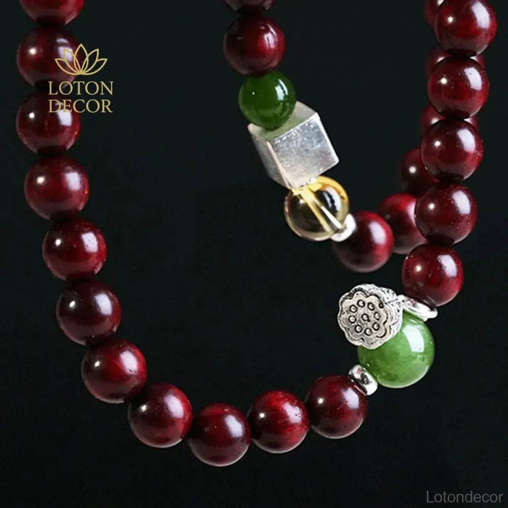 Red Sandalwood Lotus Bracelet – Silver Wealth Talisman - Loton Decor