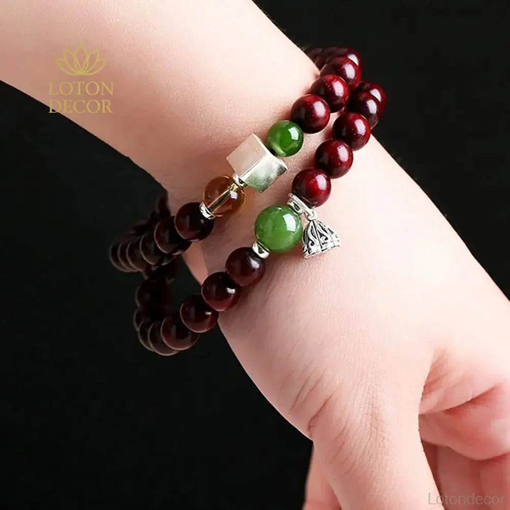 Red Sandalwood Lotus Bracelet – Silver Wealth Talisman - Loton Decor