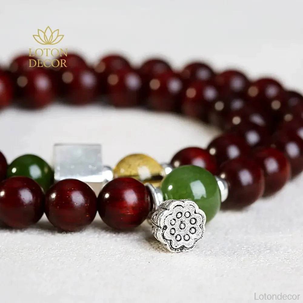 Red Sandalwood Lotus Bracelet – Silver Wealth Talisman - Loton Decor