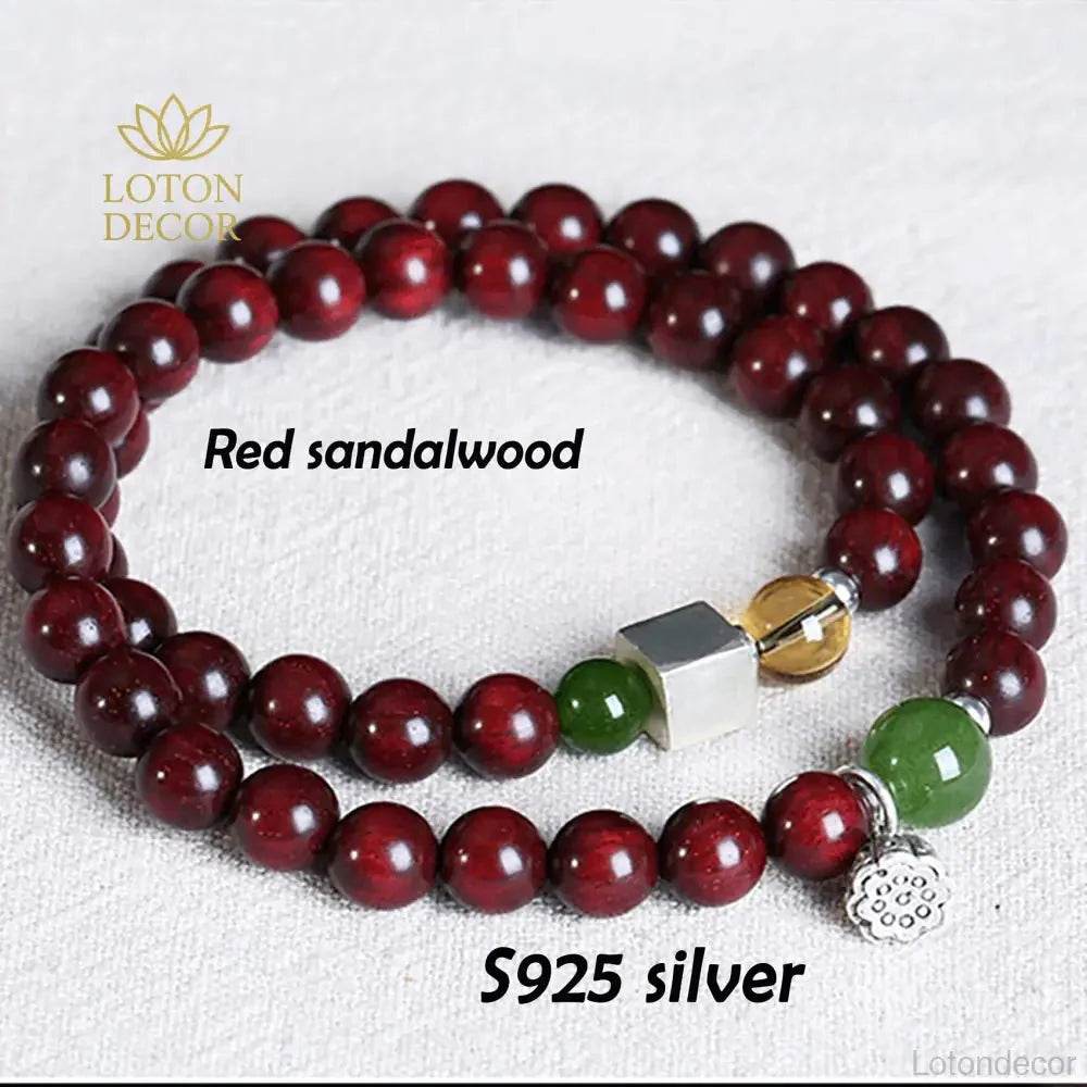 Red Sandalwood Lotus Bracelet – Silver Wealth Talisman - Loton Decor