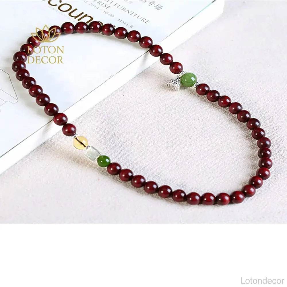Red Sandalwood Lotus Bracelet – Silver Wealth Talisman - Loton Decor