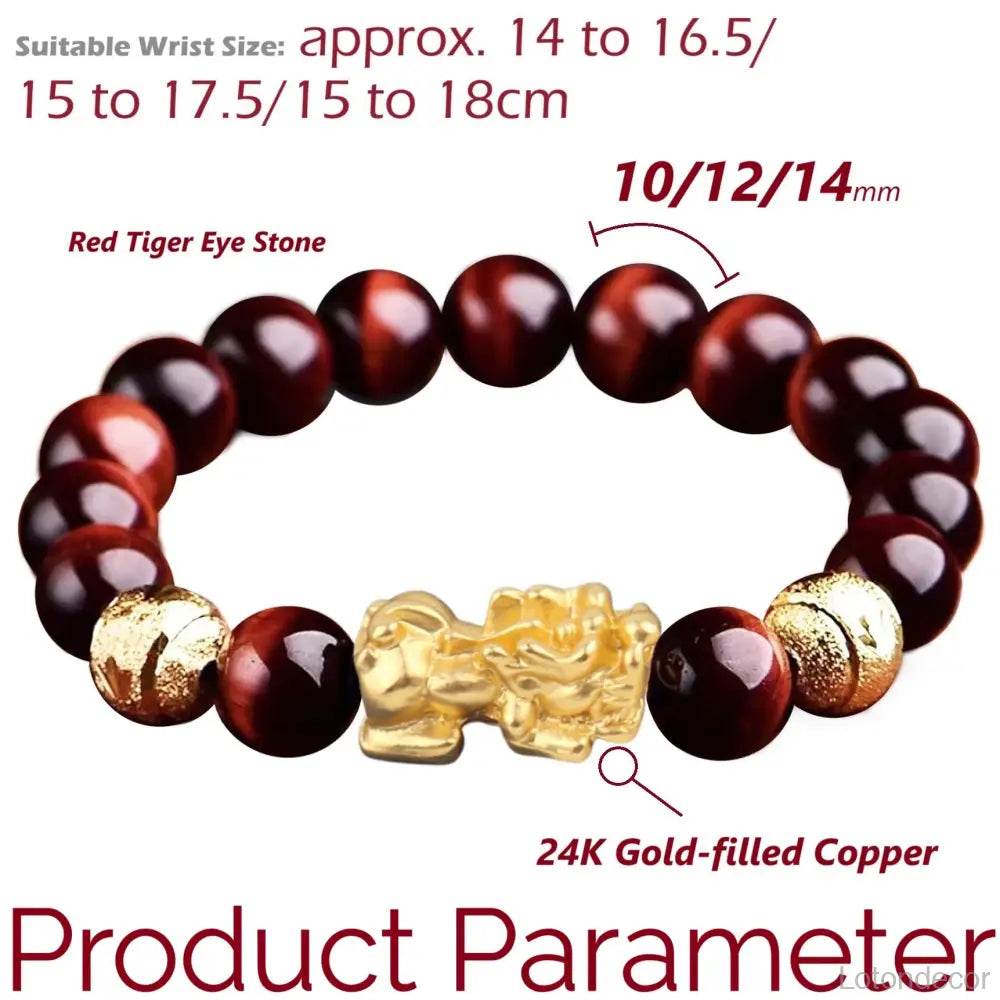Red Tiger Eye Pi Xiu Bracelet Antique Vietnamese Gold Pi Yao Feng Shui Wealth Crystal Bracelet for Money Prosperity - Loton Decor