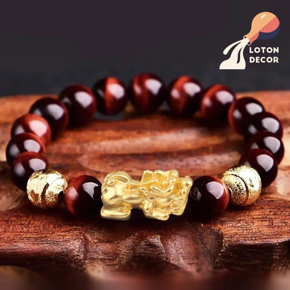Red Tiger Eye Pi Xiu Bracelet Antique Vietnamese Gold Pi Yao Feng Shui Wealth Crystal Bracelet for Money Prosperity - Loton Decor