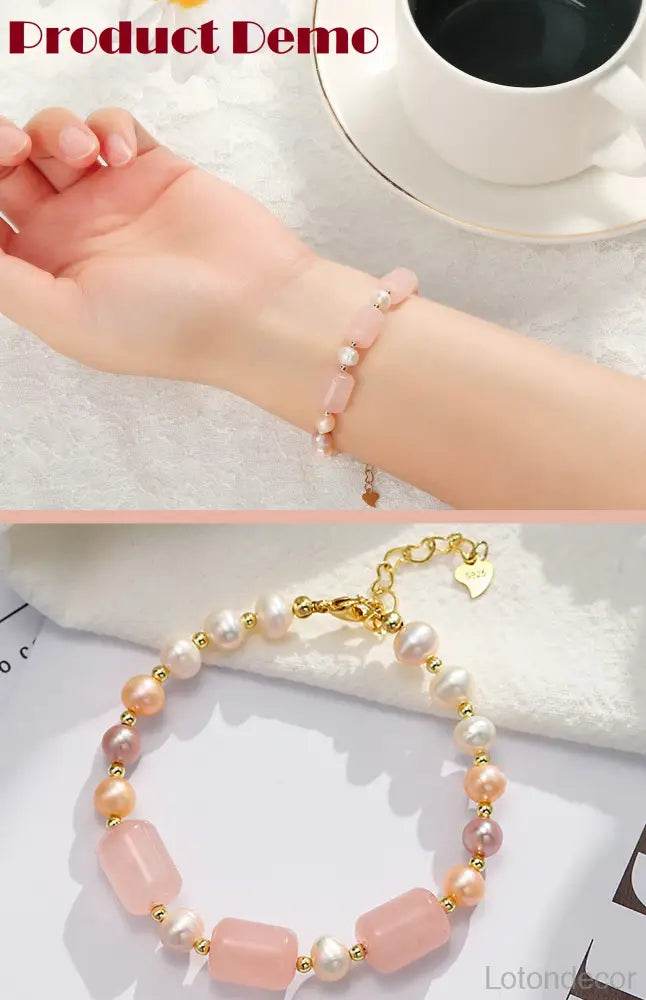 Rose Quartz Bracelet Tri-Color Pearls Luxurious Vacation Jewelry Crystal Bracelet Reiki Healing - Loton Decor
