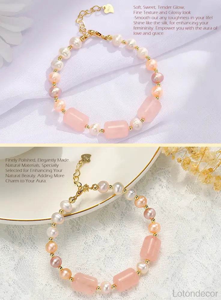 Rose Quartz Bracelet Tri-Color Pearls Luxurious Vacation Jewelry Crystal Bracelet Reiki Healing - Loton Decor