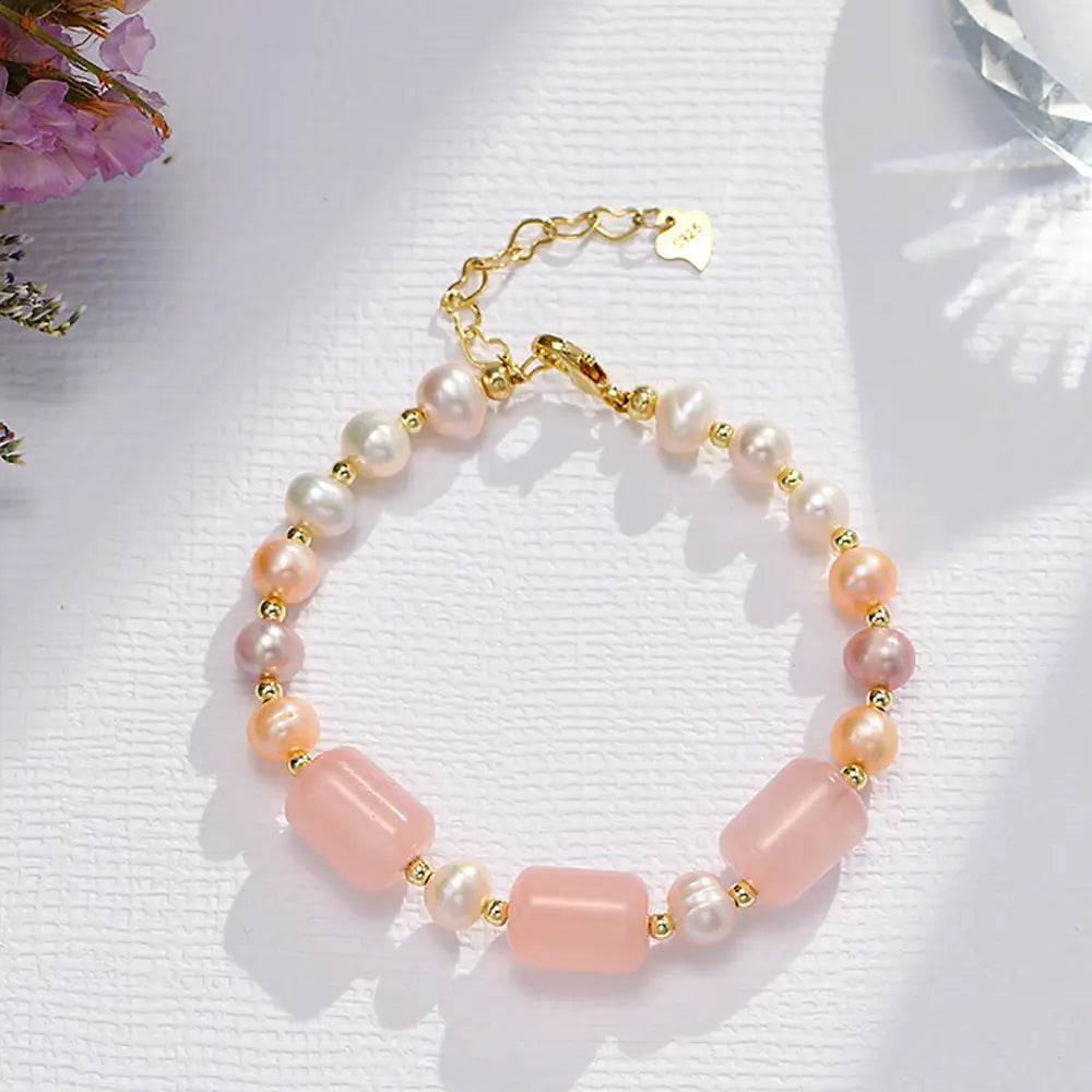 Rose Quartz Bracelet Tri-Color Pearls Luxurious Vacation Jewelry Crystal Bracelet Reiki Healing - Loton Decor