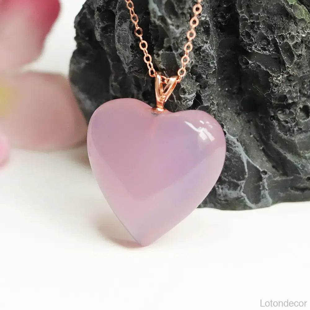 Rose Quartz Necklace Pink Heart Shape Crystal Necklace Love Amulet S925 Pure Silver Parts - Loton Decor