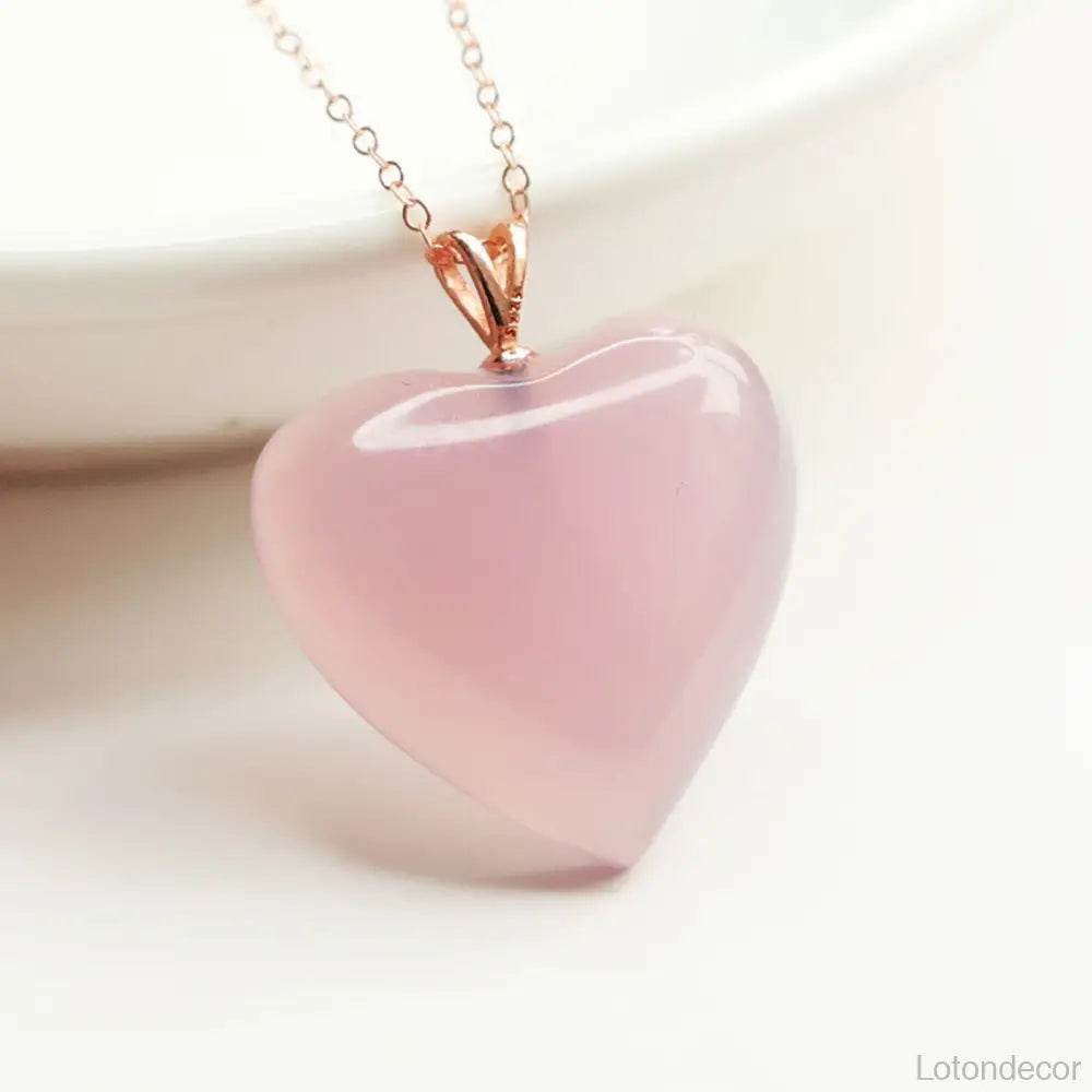 Rose Quartz Necklace Pink Heart Shape Crystal Necklace Love Amulet S925 Pure Silver Parts - Loton Decor