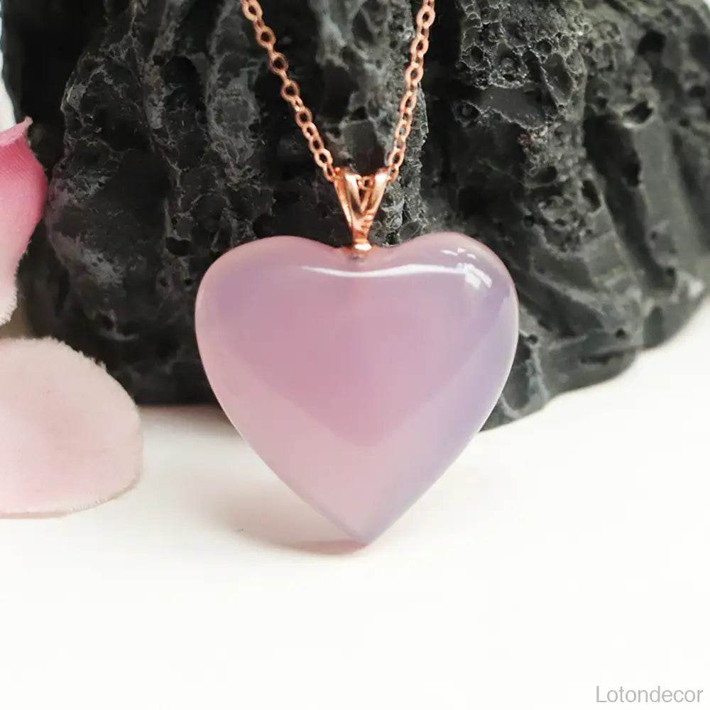 Rose Quartz Necklace Pink Heart Shape Crystal Necklace Love Amulet S925 Pure Silver Parts - Loton Decor