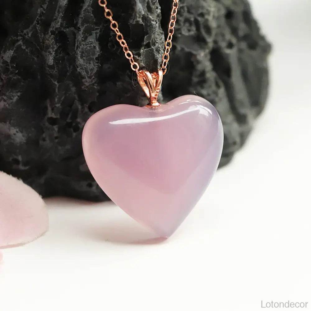 Rose Quartz Necklace Pink Heart Shape Crystal Necklace Love Amulet S925 Pure Silver Parts - Loton Decor