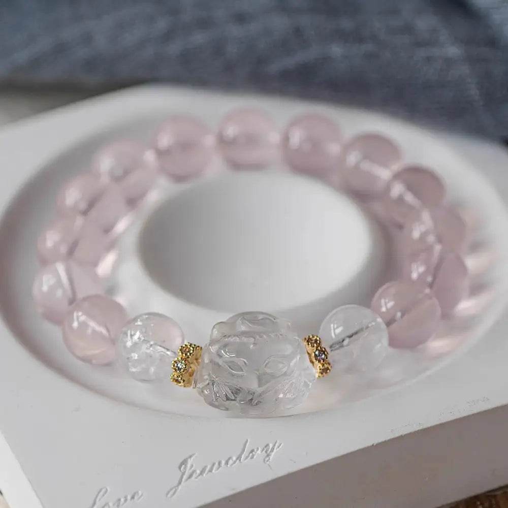 Rose Quartz Nine-Tail Fox God Bracelet Mozambique Crystal Feng Shui Wealth Bracelet Love Amulet for Romance Money - Loton Decor