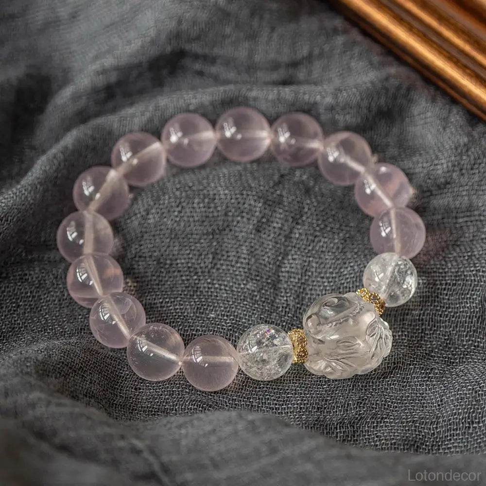 Rose Quartz Nine-Tail Fox God Bracelet Mozambique Crystal Feng Shui Wealth Bracelet Love Amulet for Romance Money - Loton Decor