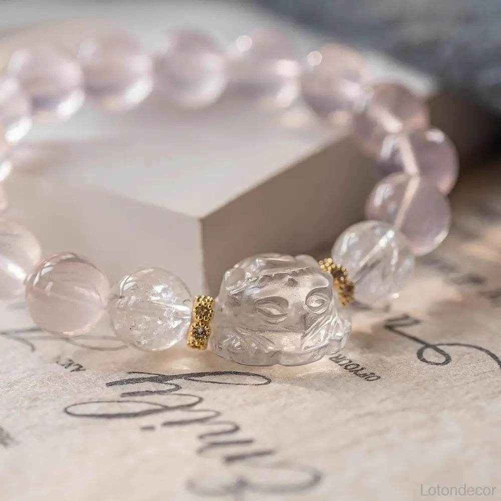 Rose Quartz Nine-Tail Fox God Bracelet Mozambique Crystal Feng Shui Wealth Bracelet Love Amulet for Romance Money - Loton Decor