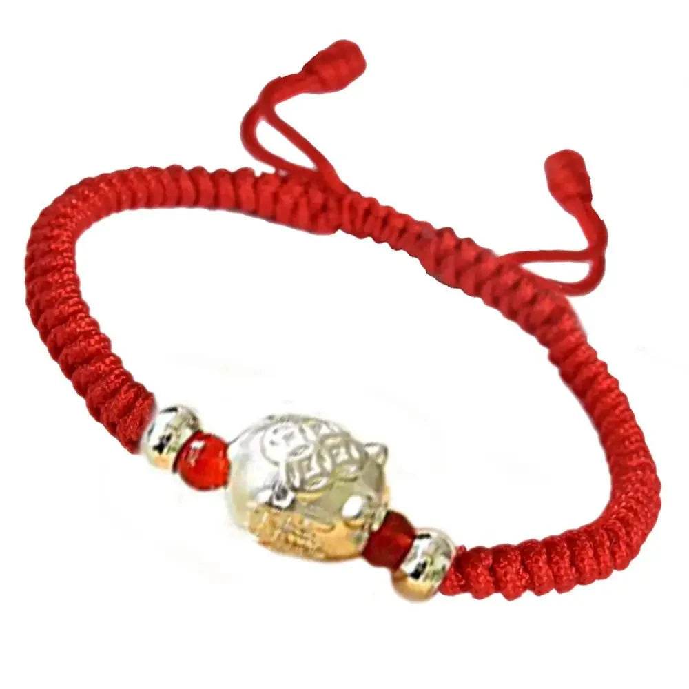 Silver Pig Zodiac Bracelet – Red Rope Wealth Talisman - Loton Decor