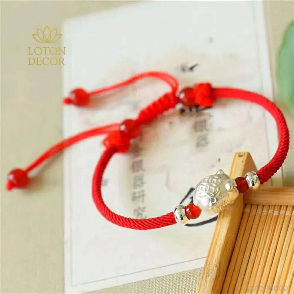 Silver Pig Zodiac Bracelet – Red Rope Wealth Talisman - Loton Decor