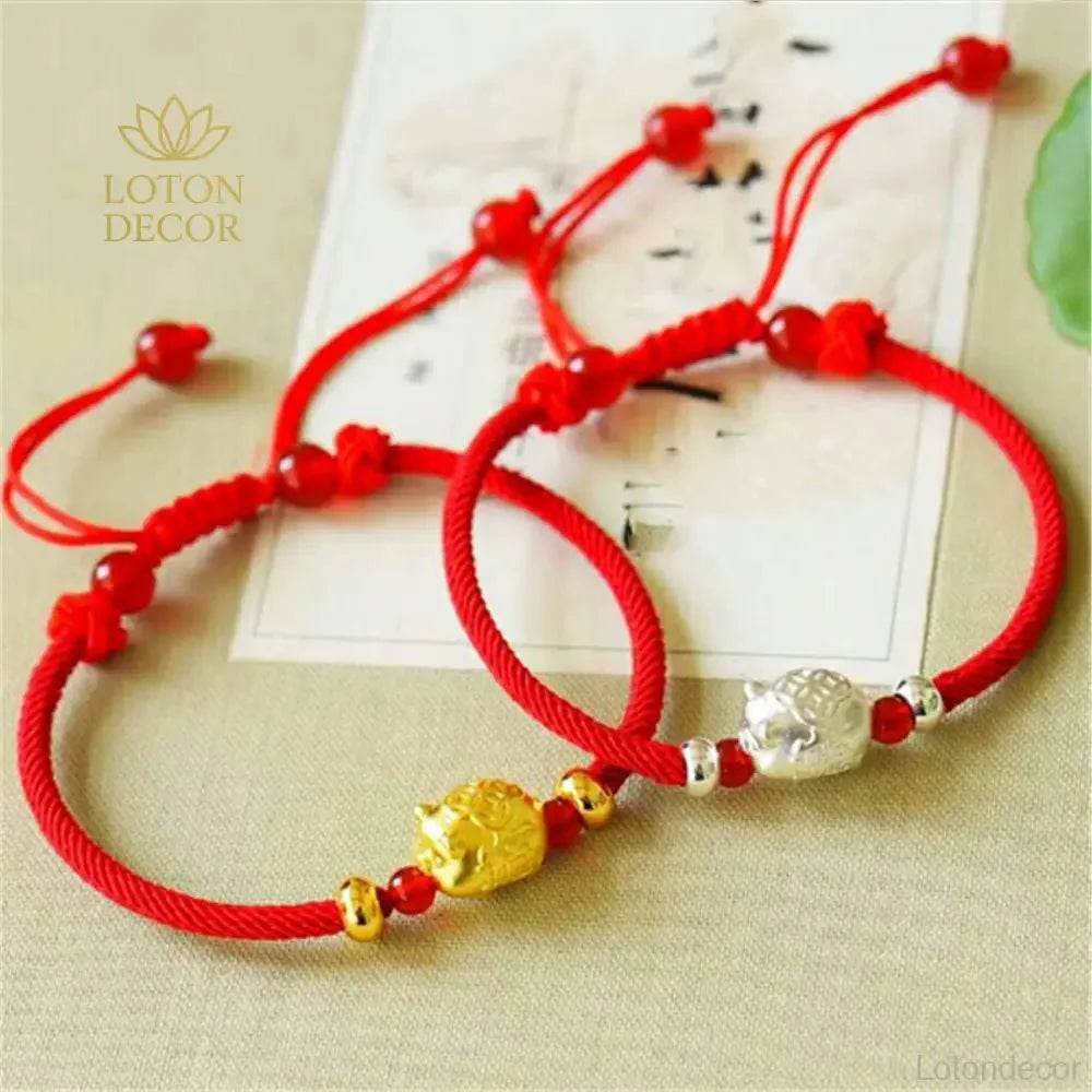 Silver Pig Zodiac Bracelet – Red Rope Wealth Talisman - Loton Decor