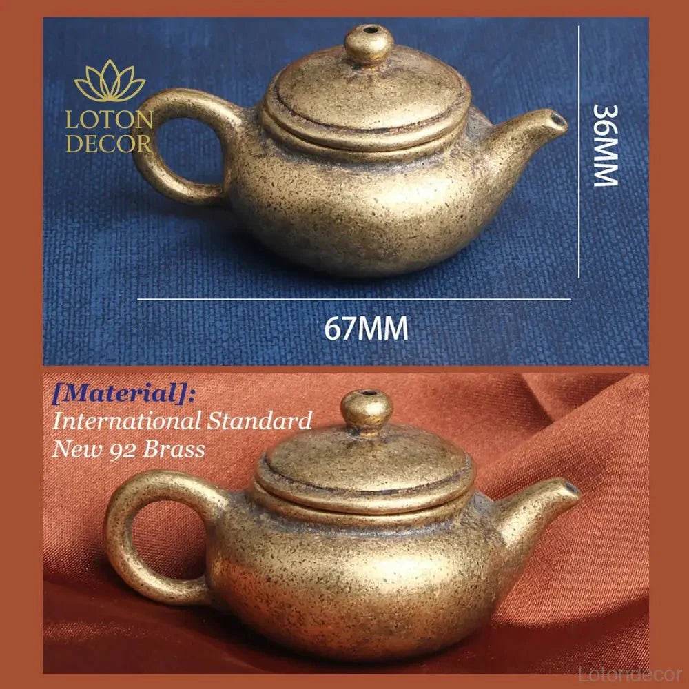Solid Brass Antique Tea Pot Miniature Simple Vintage Cute Wealth Attraction Feng Shui Amulet Talisman for Prosperity - Loton Decor