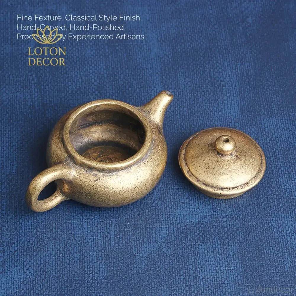 Solid Brass Antique Tea Pot Miniature Simple Vintage Cute Wealth Attraction Feng Shui Amulet Talisman for Prosperity - Loton Decor