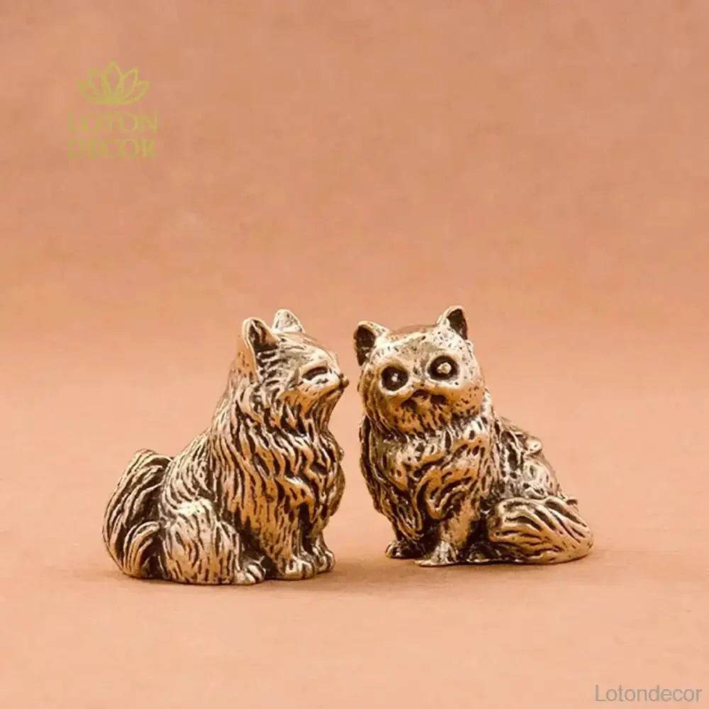 Solid Brass Cat Miniature Figurine Cute Animal Statue Kitty Kitten Pets Feng Shui Lucky Charm - Loton Decor