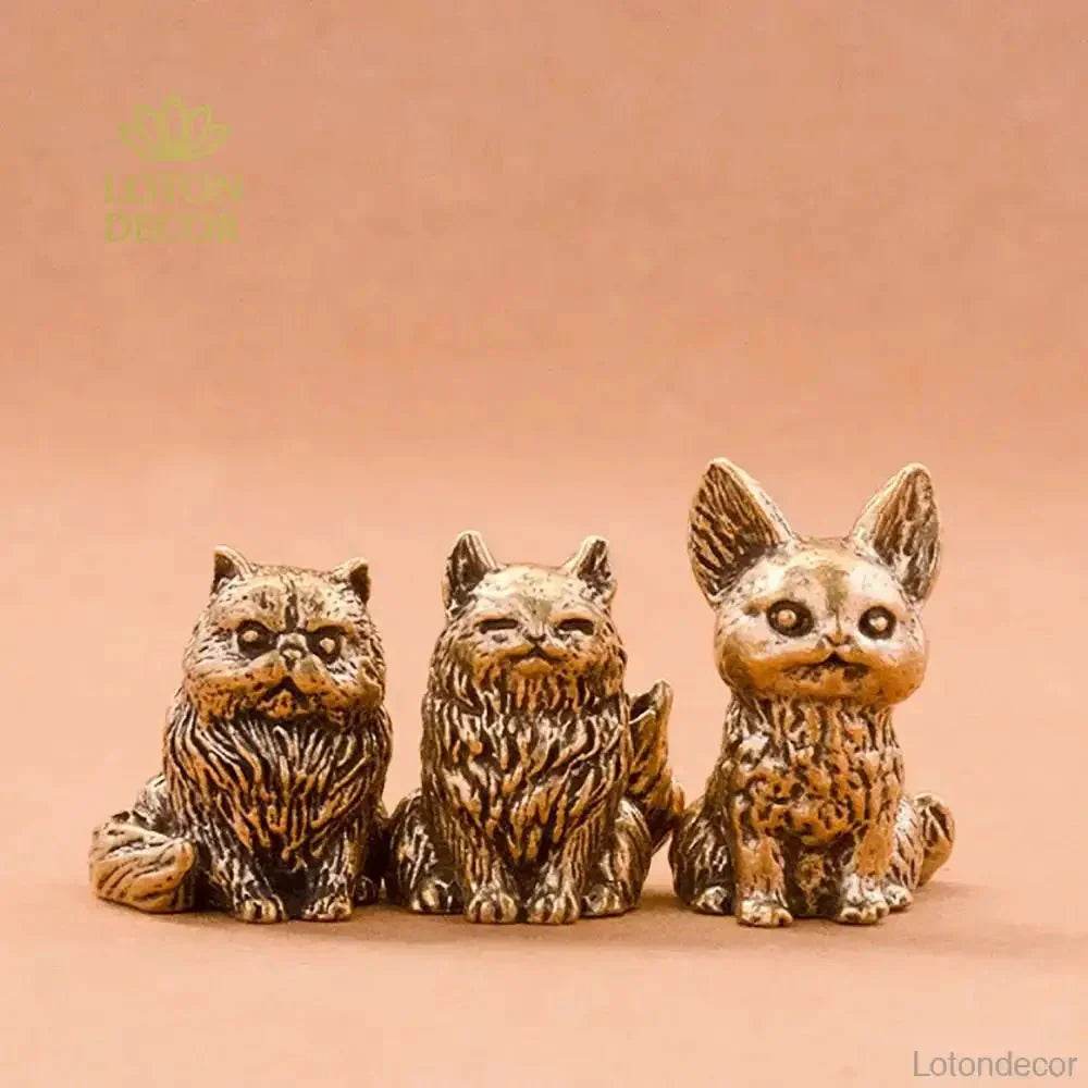 Solid Brass Cat Miniature Figurine Cute Animal Statue Kitty Kitten Pets Feng Shui Lucky Charm - Loton Decor