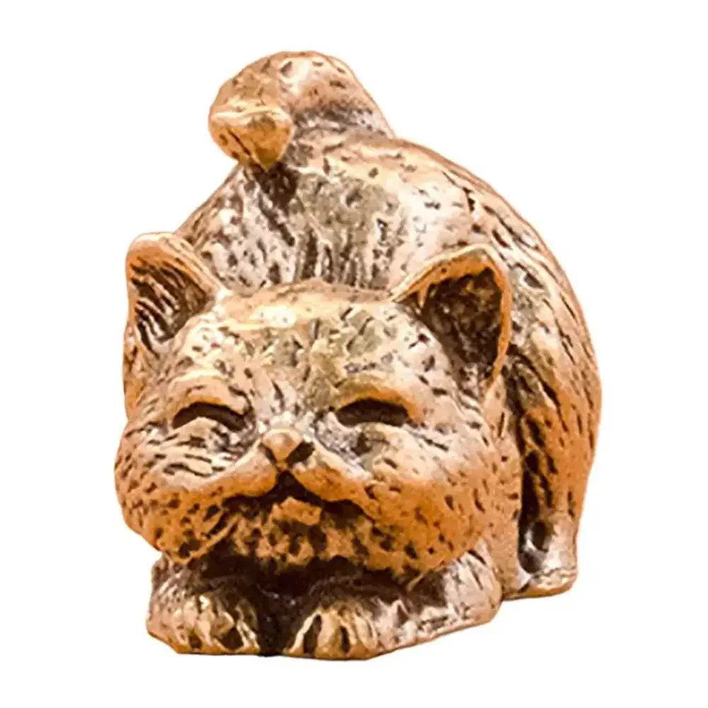 Solid Brass Cat Miniature Figurine Cute Animal Statue Kitty Kitten Pets Feng Shui Lucky Charm - Loton Decor