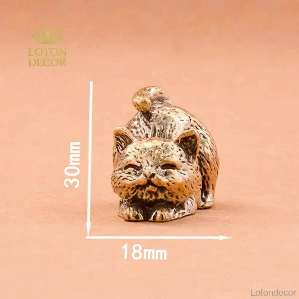 Solid Brass Cat Miniature Figurine Cute Animal Statue Kitty Kitten Pets Feng Shui Lucky Charm - Loton Decor