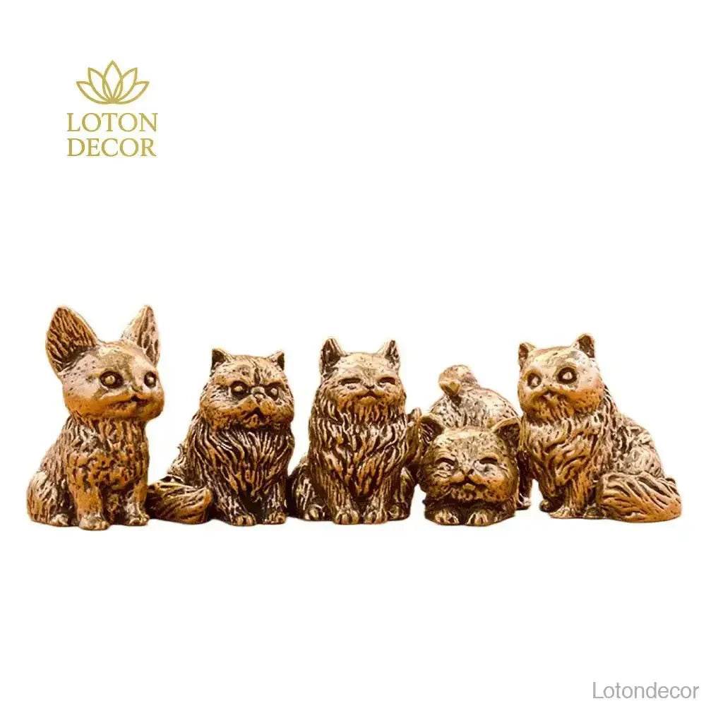 Solid Brass Cat Miniature Figurine Cute Animal Statue Kitty Kitten Pets Feng Shui Lucky Charm - Loton Decor