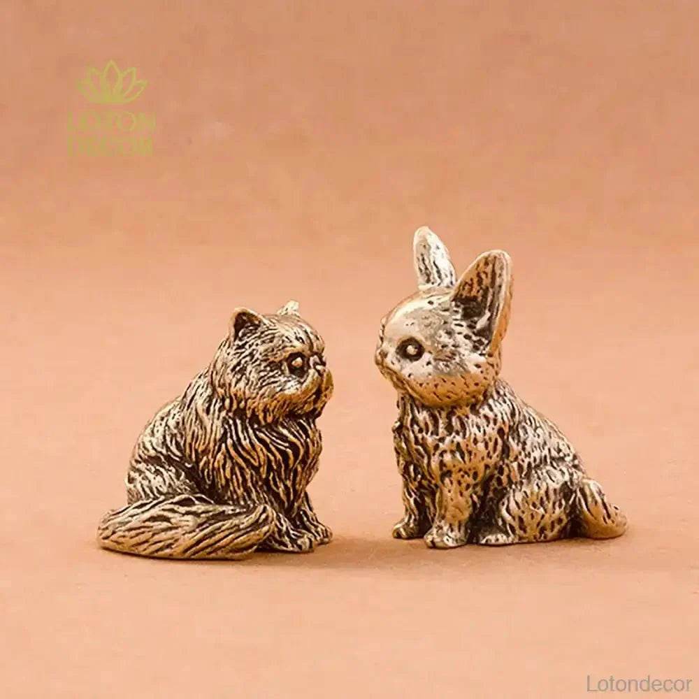 Solid Brass Cat Miniature Figurine Cute Animal Statue Kitty Kitten Pets Feng Shui Lucky Charm - Loton Decor