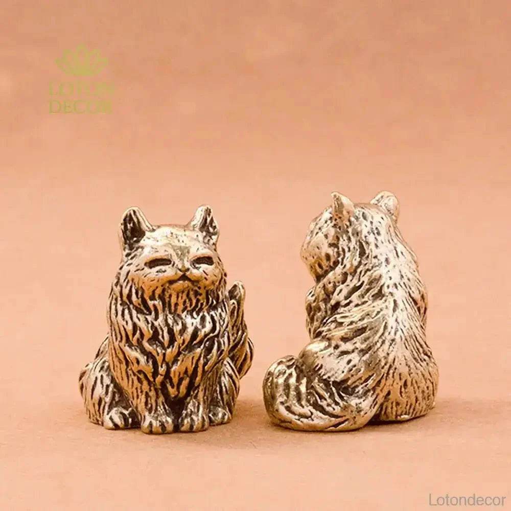 Solid Brass Cat Miniature Figurine Cute Animal Statue Kitty Kitten Pets Feng Shui Lucky Charm - Loton Decor
