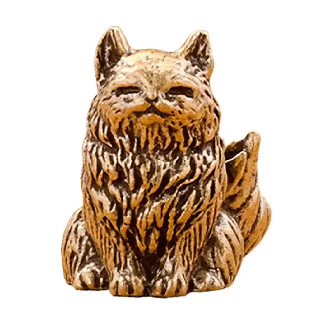 Solid Brass Cat Miniature Figurine Cute Animal Statue Kitty Kitten Pets Feng Shui Lucky Charm - Loton Decor