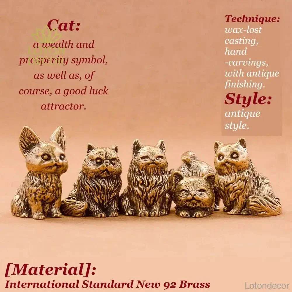 Solid Brass Cat Miniature Figurine Cute Animal Statue Kitty Kitten Pets Feng Shui Lucky Charm - Loton Decor