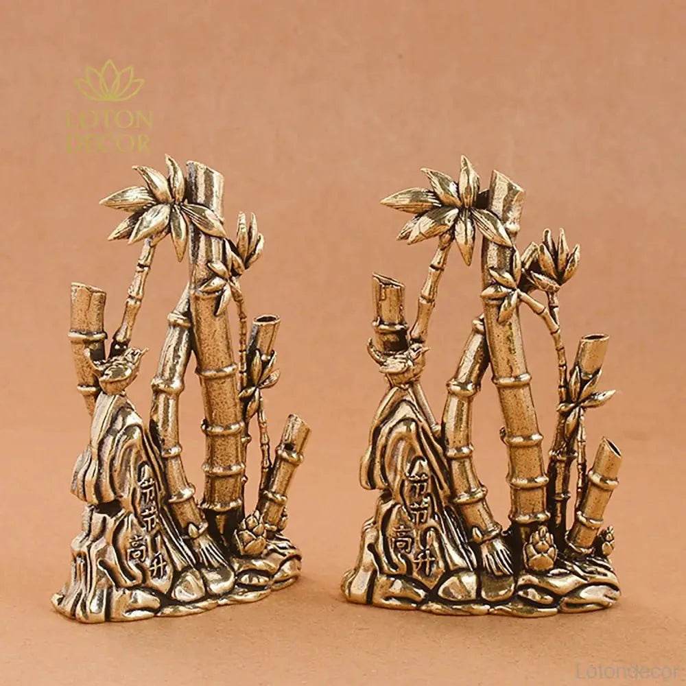 Solid Brass Garden Statue Bamboo and Bird Rock Zen Garden Meditation Stick Incense Holder Tranquility - Loton Decor