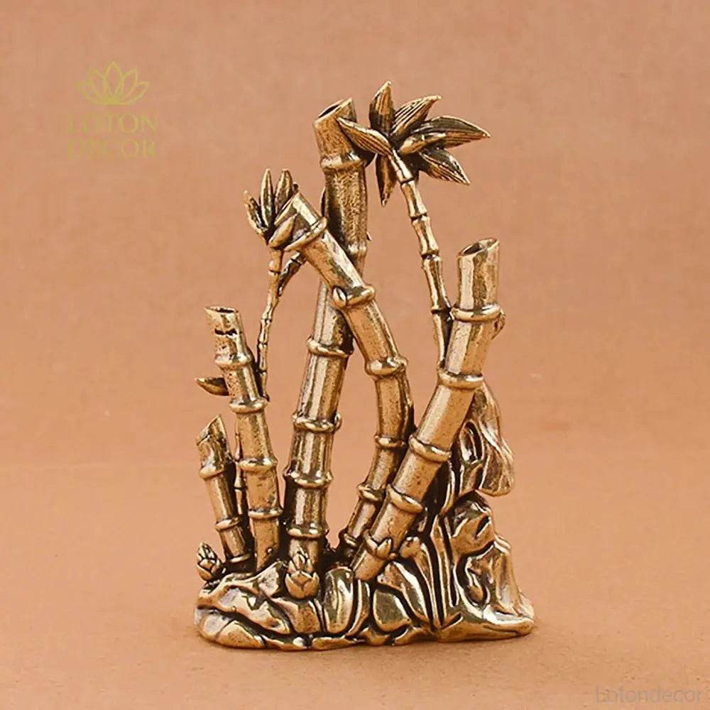 Solid Brass Garden Statue Bamboo and Bird Rock Zen Garden Meditation Stick Incense Holder Tranquility - Loton Decor