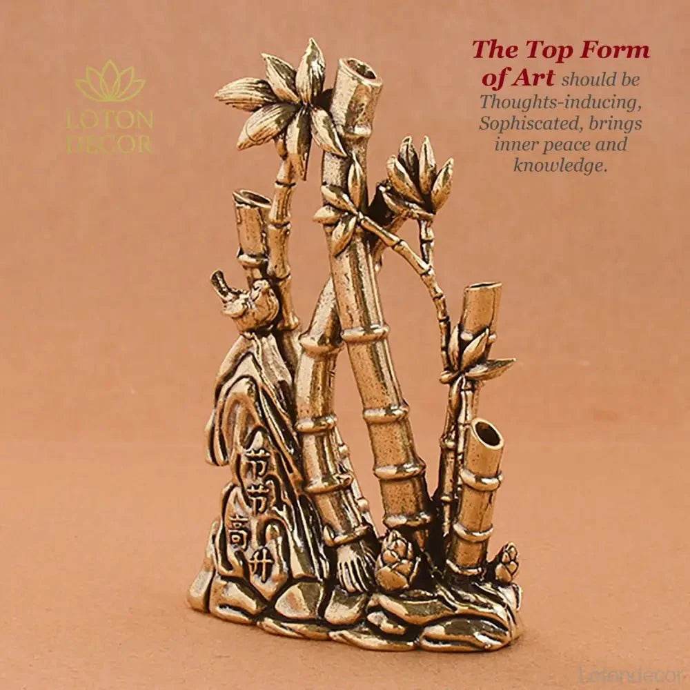 Solid Brass Garden Statue Bamboo and Bird Rock Zen Garden Meditation Stick Incense Holder Tranquility - Loton Decor