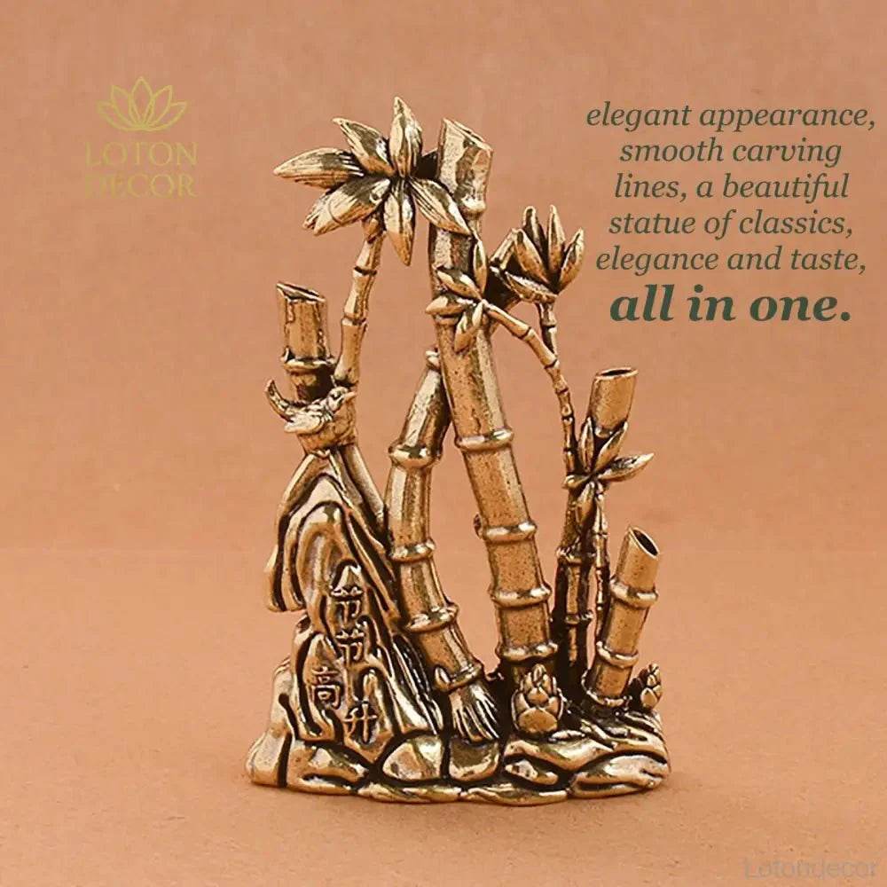 Solid Brass Garden Statue Bamboo and Bird Rock Zen Garden Meditation Stick Incense Holder Tranquility - Loton Decor