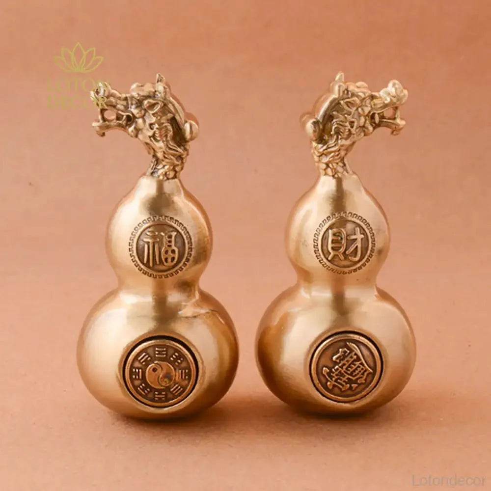 Solid Brass Gourd Statue Longevity Calabash Dragon Head Wu Lou Feng Shui Wealth Amulet Talisman for Prosperity - Loton Decor