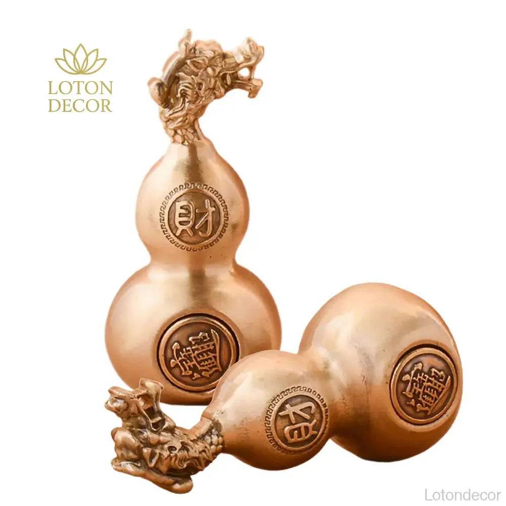 Solid Brass Gourd Statue Longevity Calabash Dragon Head Wu Lou Feng Shui Wealth Amulet Talisman for Prosperity - Loton Decor