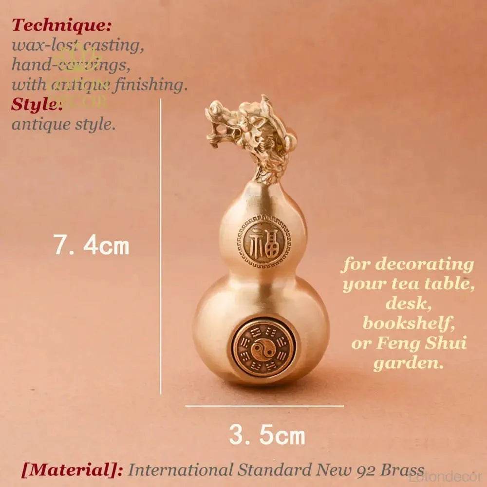 Solid Brass Gourd Statue Longevity Calabash Dragon Head Wu Lou Feng Shui Wealth Amulet Talisman for Prosperity - Loton Decor