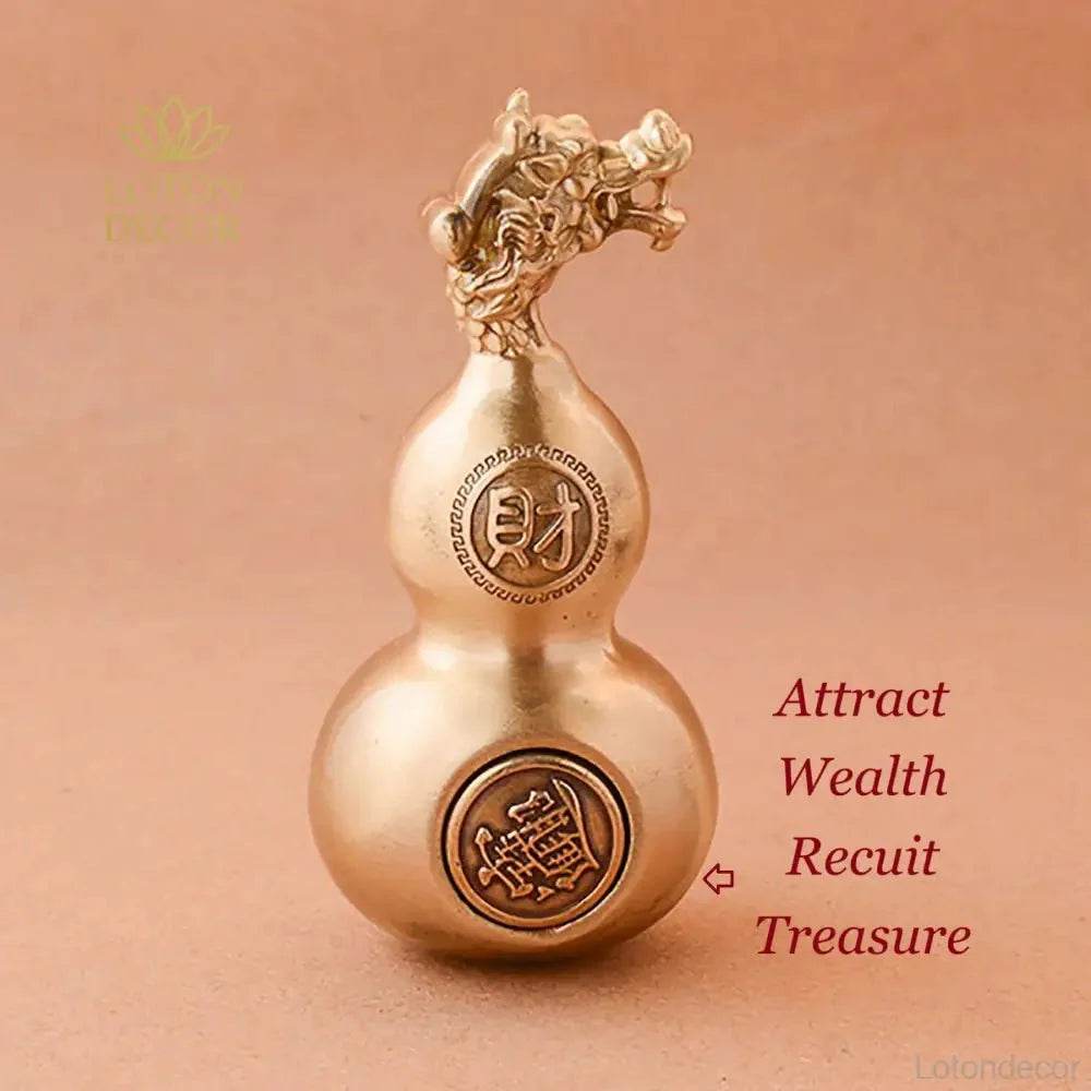 Solid Brass Gourd Statue Longevity Calabash Dragon Head Wu Lou Feng Shui Wealth Amulet Talisman for Prosperity - Loton Decor