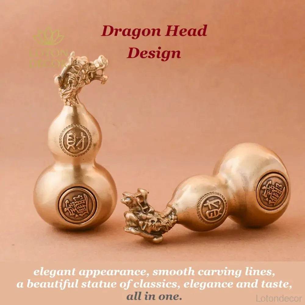 Solid Brass Gourd Statue Longevity Calabash Dragon Head Wu Lou Feng Shui Wealth Amulet Talisman for Prosperity - Loton Decor