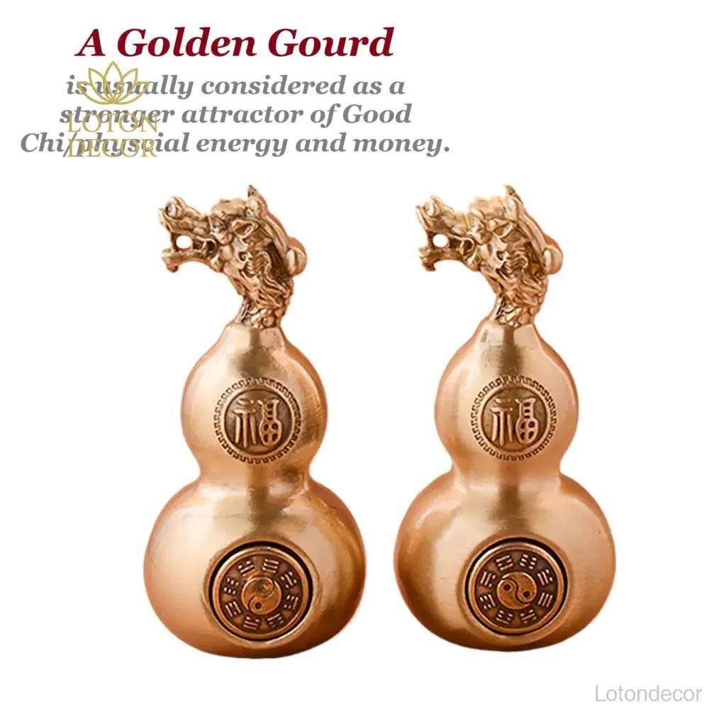 Solid Brass Gourd Statue Longevity Calabash Dragon Head Wu Lou Feng Shui Wealth Amulet Talisman for Prosperity - Loton Decor