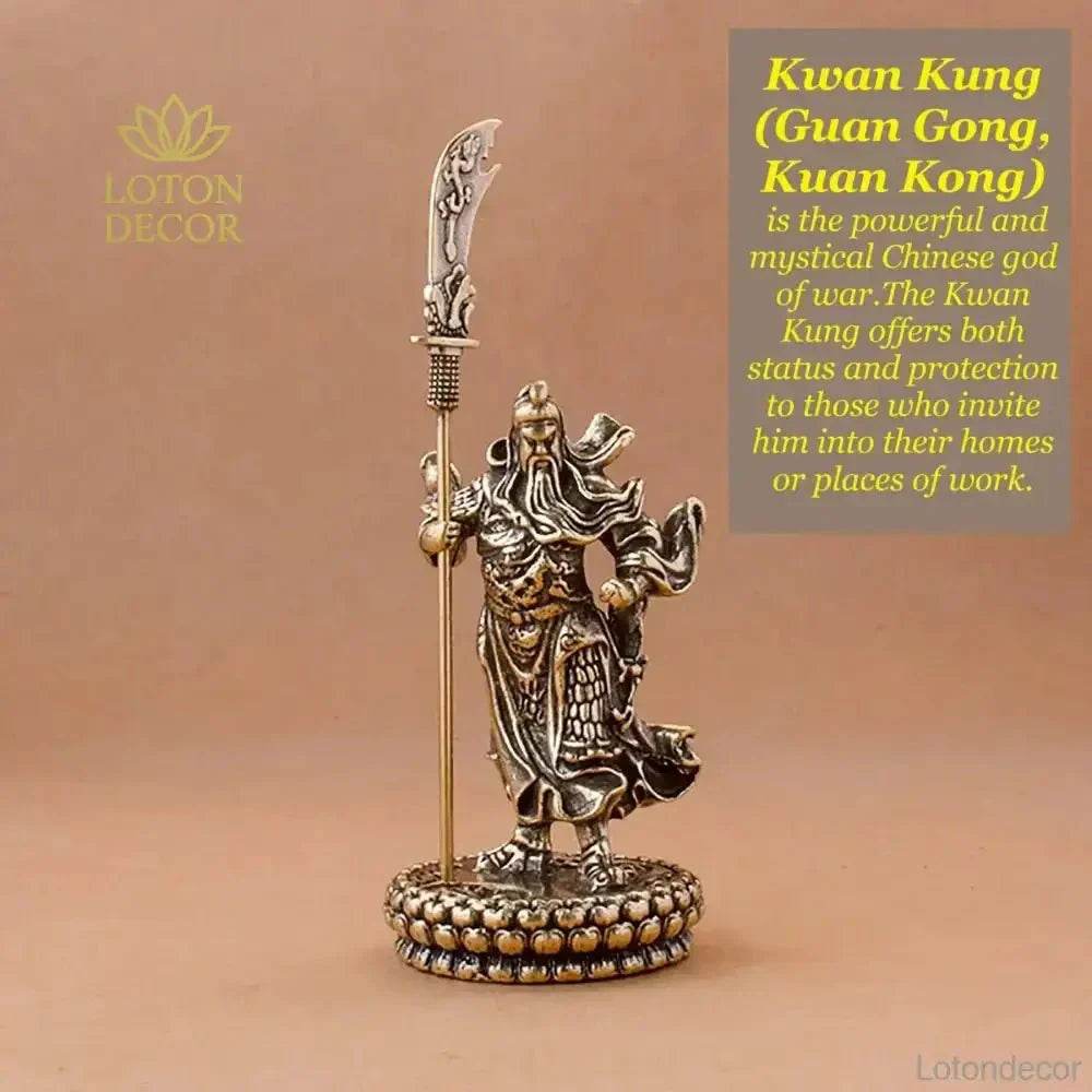 Solid Brass Guan Gong Statue Feng Shui Gold of Wealth Kwan Yu Metal Art Talisman for Protection - Loton Decor