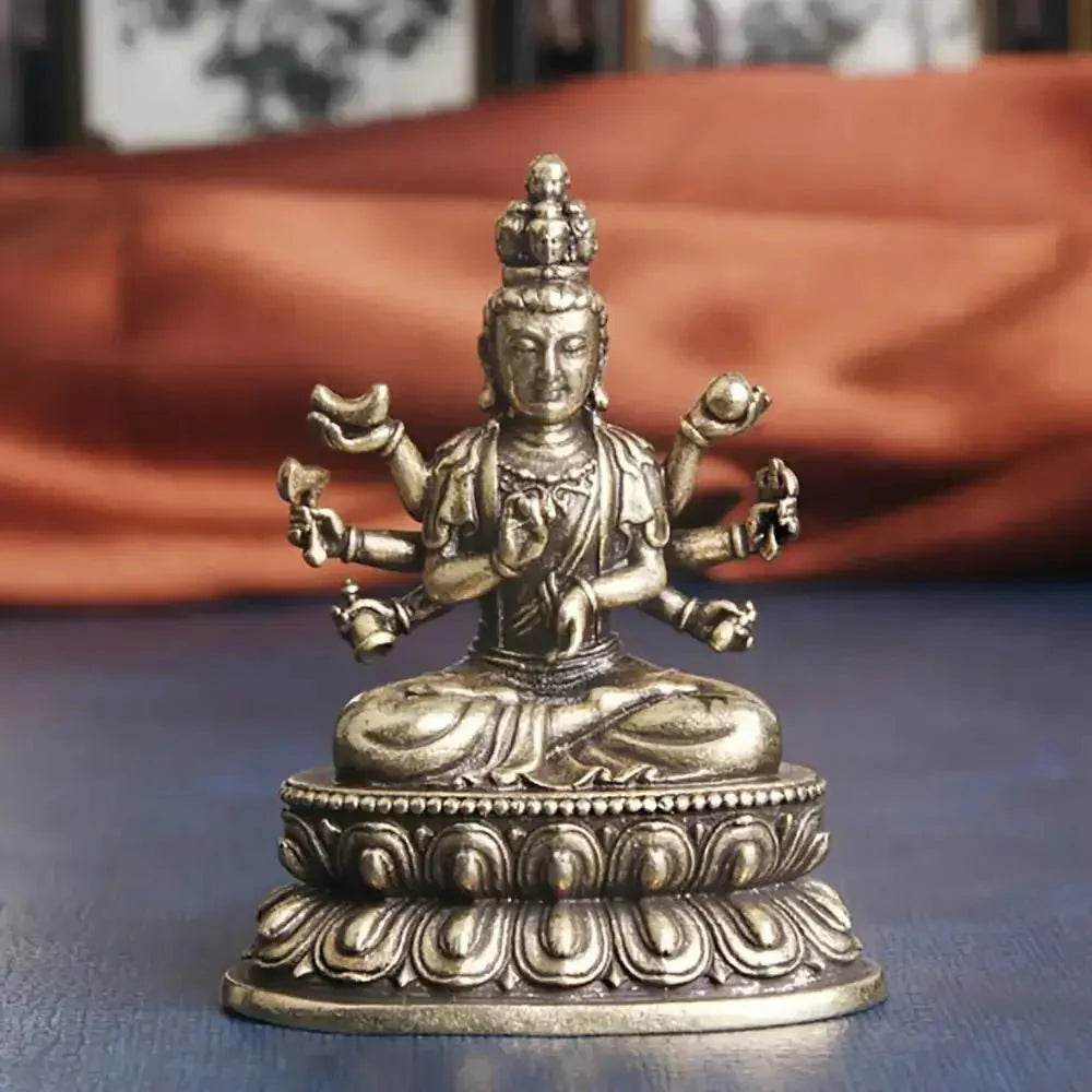 Solid Brass Kwan Yin Statue Feng Shui Metal Art A Thousand Arms Guan Yin Holding Instruments Buddha Statue Longevity Prosperity - Loton Decor