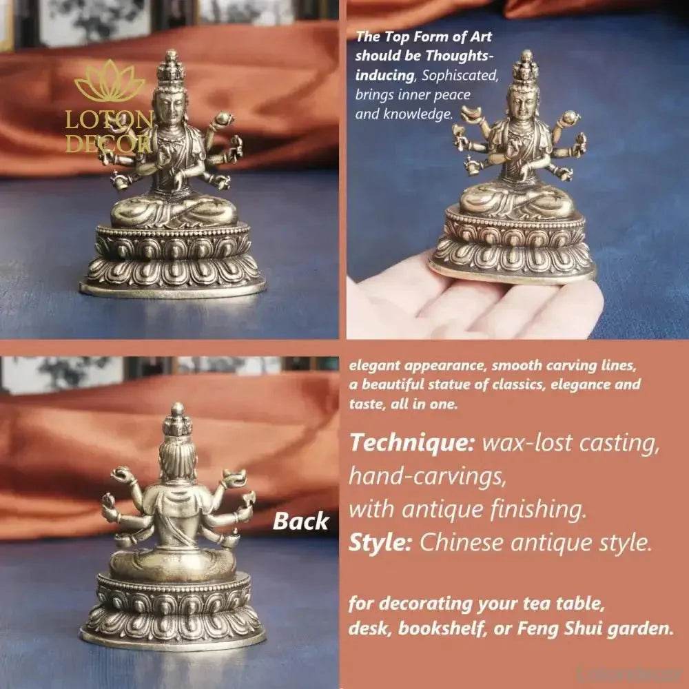 Solid Brass Kwan Yin Statue Feng Shui Metal Art A Thousand Arms Guan Yin Holding Instruments Buddha Statue Longevity Prosperity - Loton Decor