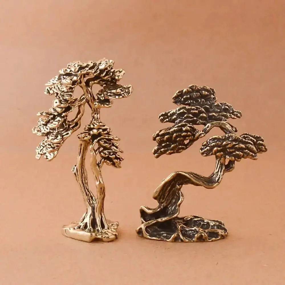 Solid Brass Pine Statue Guest Greeting Pine Tree Zen Garden Metal Art Feng Shui Wealth Statue Amulet Prosperity Luck Money - Loton Decor